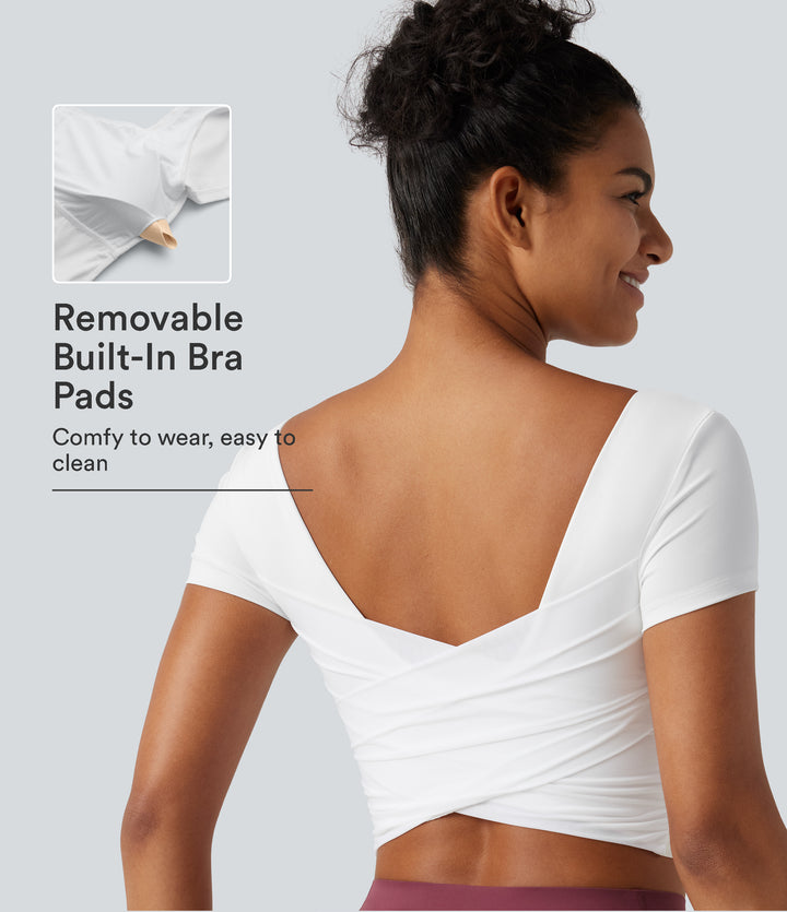 Quick Dry Diamond Collar Built-in Bra Short Sleeve Cropped Yoga Sports Top — White — view 1