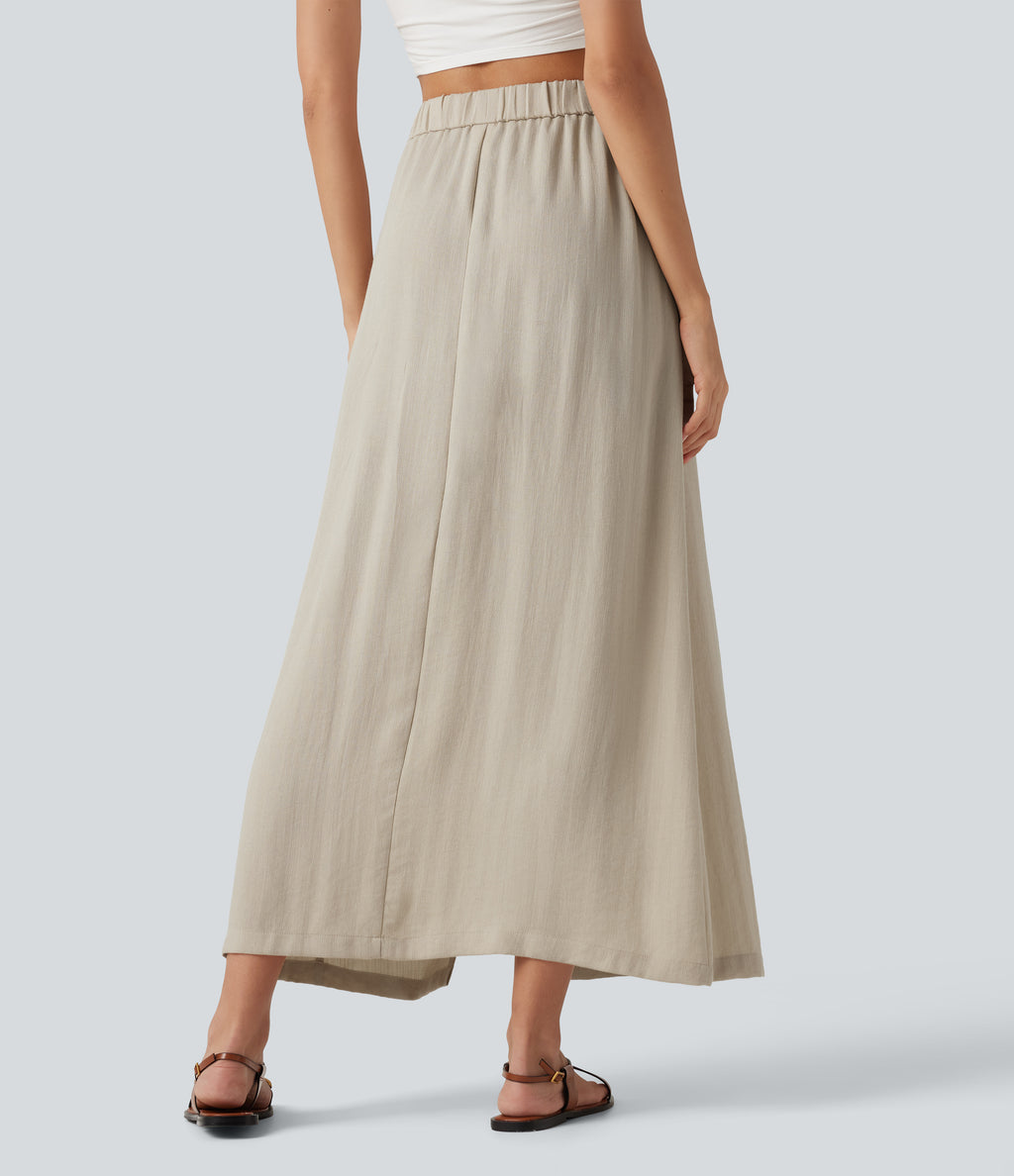 High Waisted Split Hem Maxi Casual Linen-Feel Skirt with Pockets — Overcast — view 2