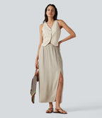 High Waisted Split Hem Maxi Casual Linen-Feel Skirt with Pockets — Overcast — view 6