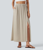 High Waisted Split Hem Maxi Casual Linen-Feel Skirt with Pockets — Overcast — view 1