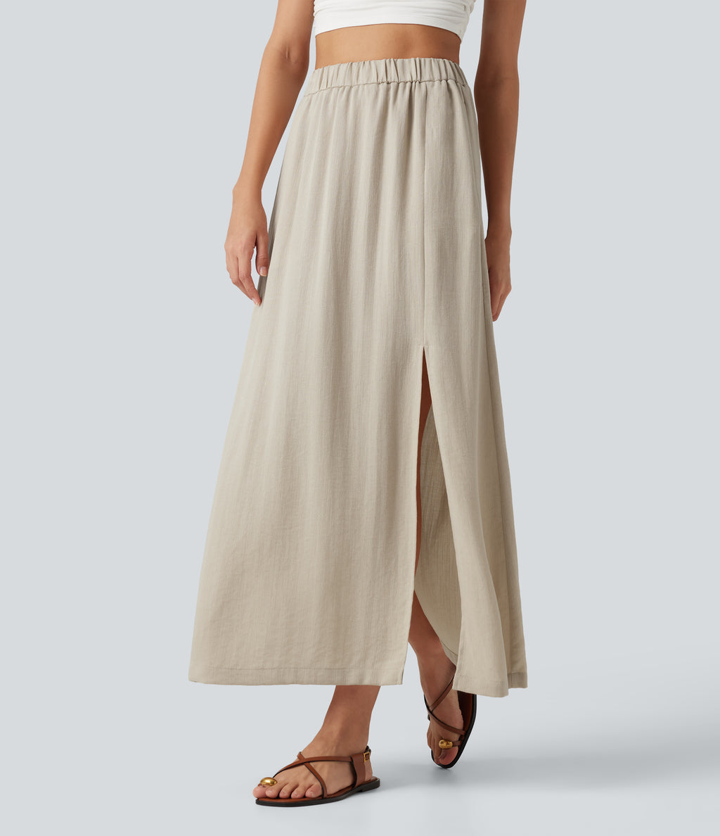 High Waisted Split Hem Maxi Casual Linen-Feel Skirt with Pockets — Overcast — view 3