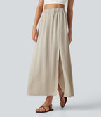 High Waisted Split Hem Maxi Casual Linen-Feel Skirt with Pockets — Overcast — view 3