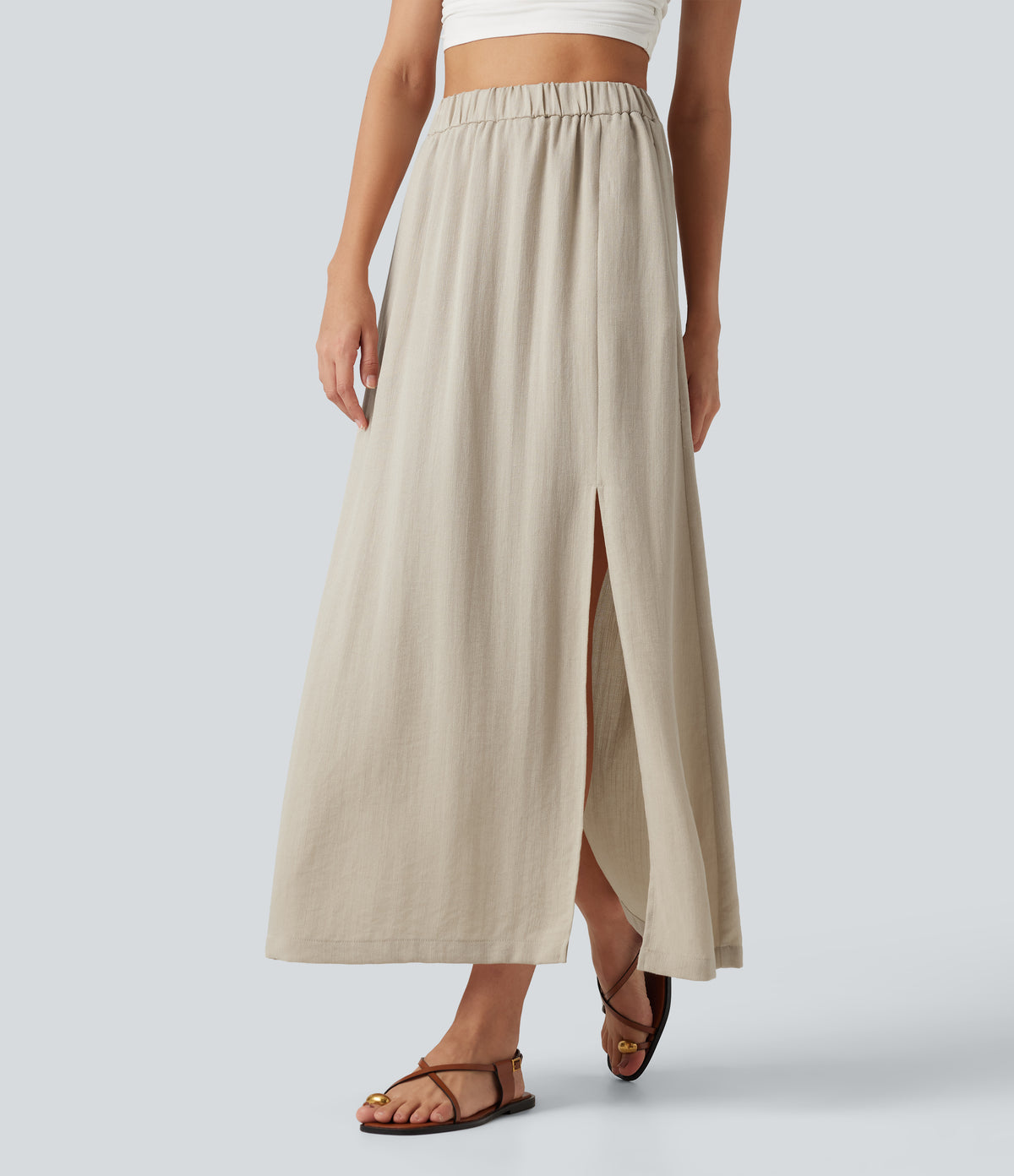 High Waisted Split Hem Maxi Casual Linen-Feel Skirt with Pockets — Overcast — view 3