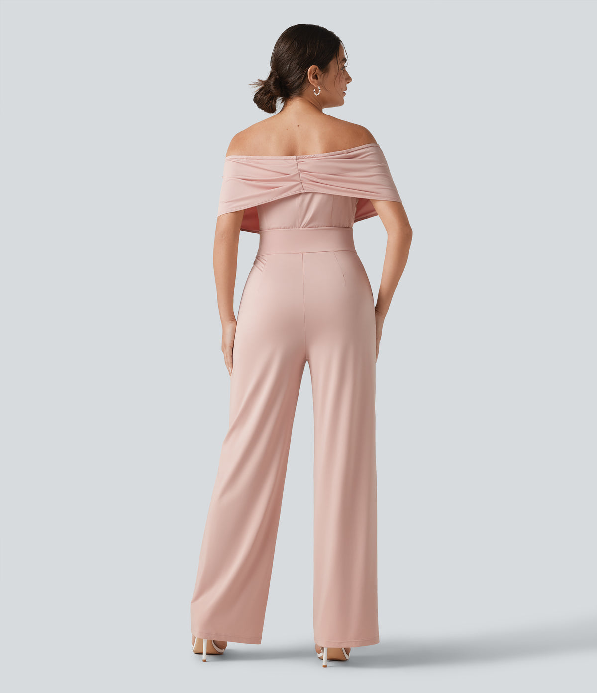 Off Shoulder Built-in Bra Short Sleeve Casual Jumpsuit with Pockets — Peach Whip — view 2