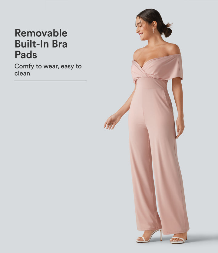 Off Shoulder Built-in Bra Short Sleeve Casual Jumpsuit with Pockets — Peach Whip — view 1