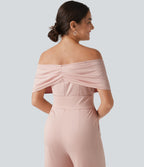 Off Shoulder Built-in Bra Short Sleeve Casual Jumpsuit with Pockets — Peach Whip — view 4