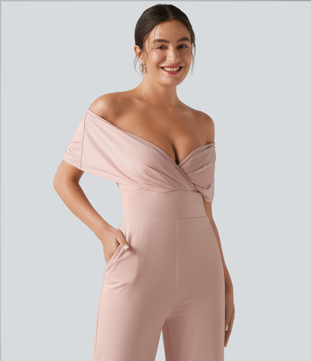 Off Shoulder Built-in Bra Short Sleeve Casual Jumpsuit with Pockets — Peach Whip — view 5