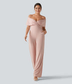 Off Shoulder Built-in Bra Short Sleeve Casual Jumpsuit with Pockets — Peach Whip — view 3