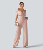 Off Shoulder Built-in Bra Short Sleeve Casual Jumpsuit with Pockets — Peach Whip — view 6