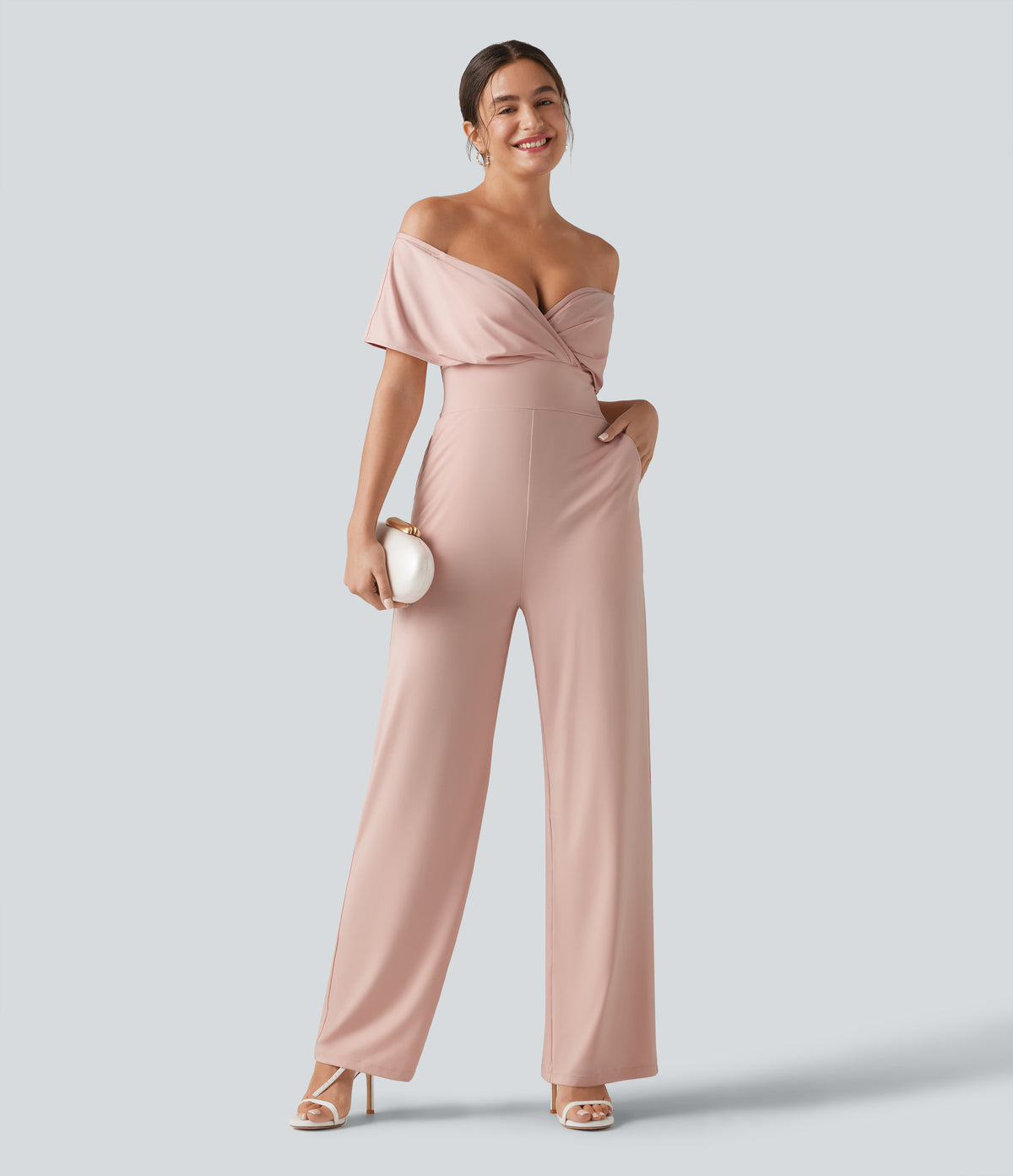 Off Shoulder Built-in Bra Short Sleeve Casual Jumpsuit with Pockets — Peach Whip — view 6