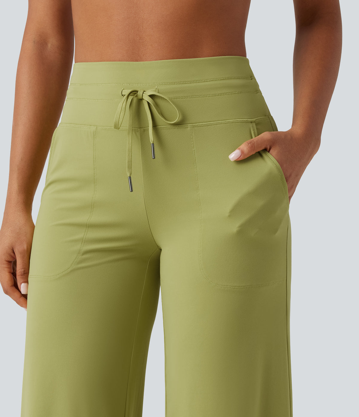 High Waisted Drawstring Straight Leg Yoga Trousers with Pockets — Moss — view 4