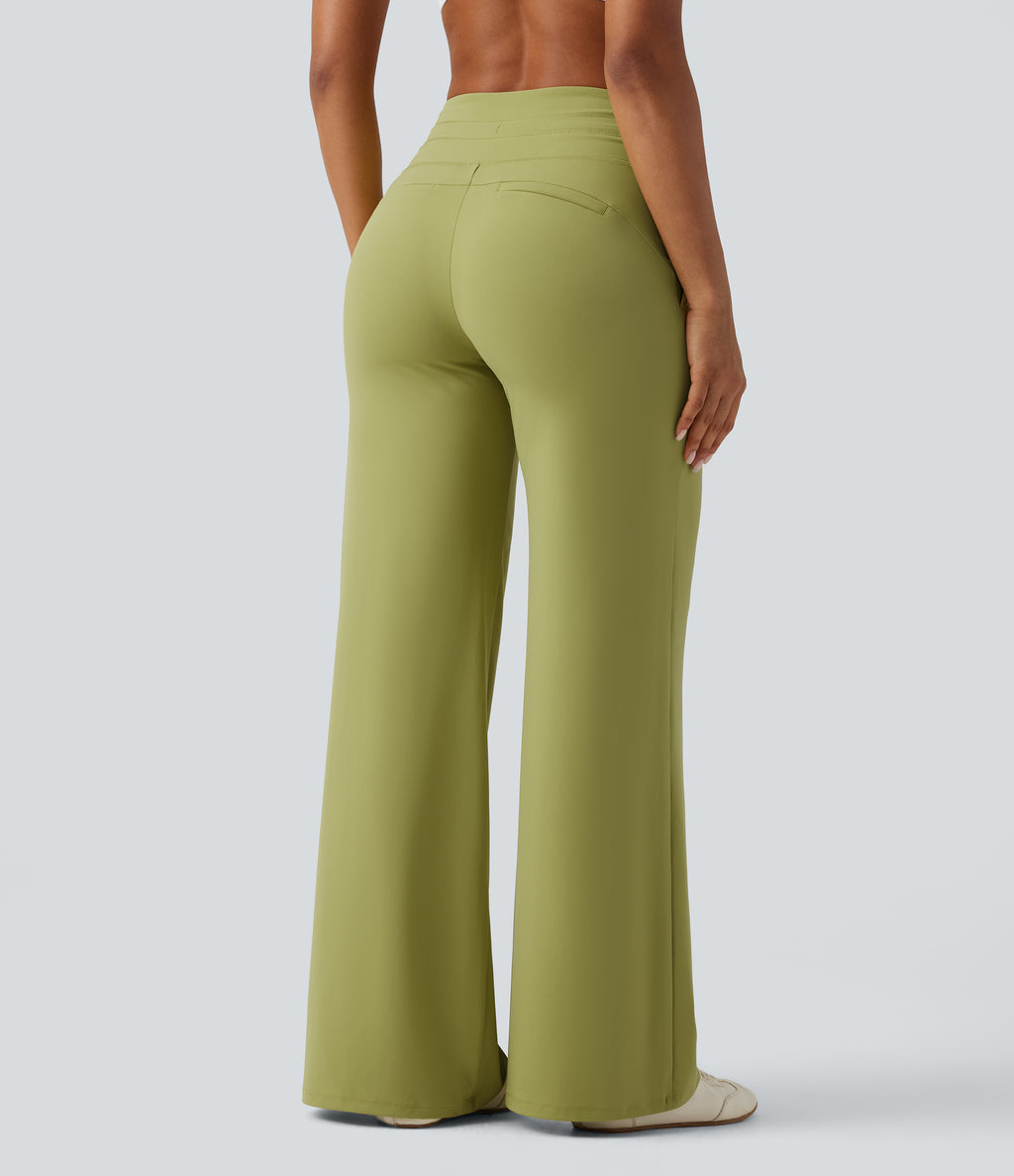 High Waisted Drawstring Straight Leg Yoga Trousers with Pockets — Moss — view 2