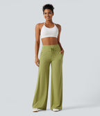 High Waisted Drawstring Straight Leg Yoga Trousers with Pockets — Moss — view 7