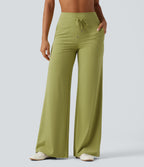 High Waisted Drawstring Straight Leg Yoga Trousers with Pockets — Moss — view 1