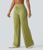 High Waisted Drawstring Straight Leg Yoga Trousers with Pockets — Moss — view 3