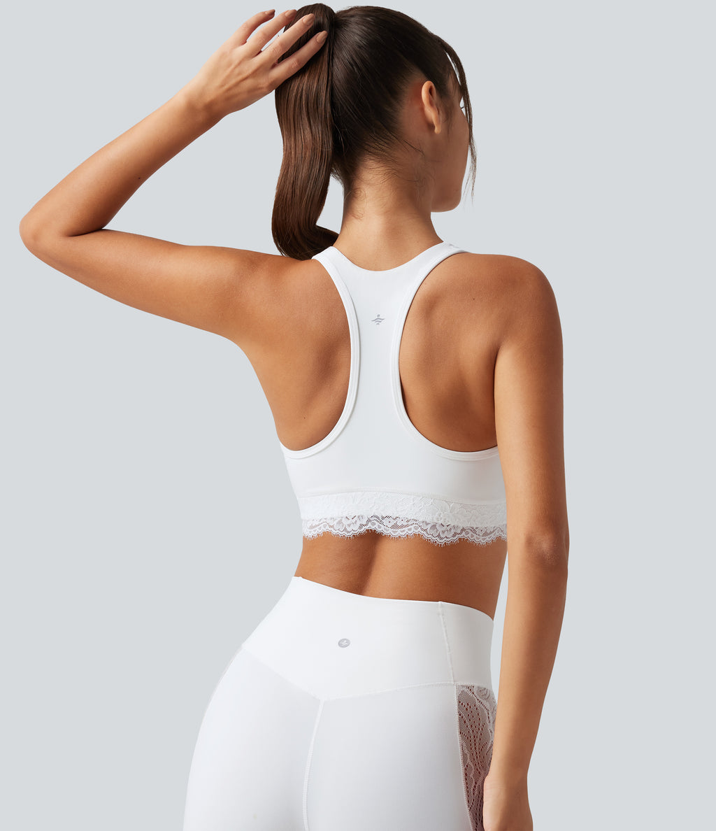 Low Support V Neck Built-in Bra Racerback Contrast Lace Workout Sports Bra — White — view 5