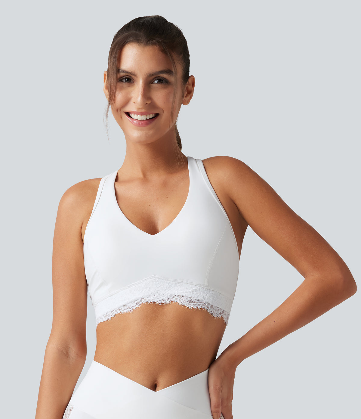 Low Support V Neck Built-in Bra Racerback Contrast Lace Workout Sports Bra — White — view 4