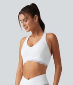 Low Support V Neck Built-in Bra Racerback Contrast Lace Workout Sports Bra — White — view 3