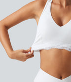 Low Support V Neck Built-in Bra Racerback Contrast Lace Workout Sports Bra — White — view 7