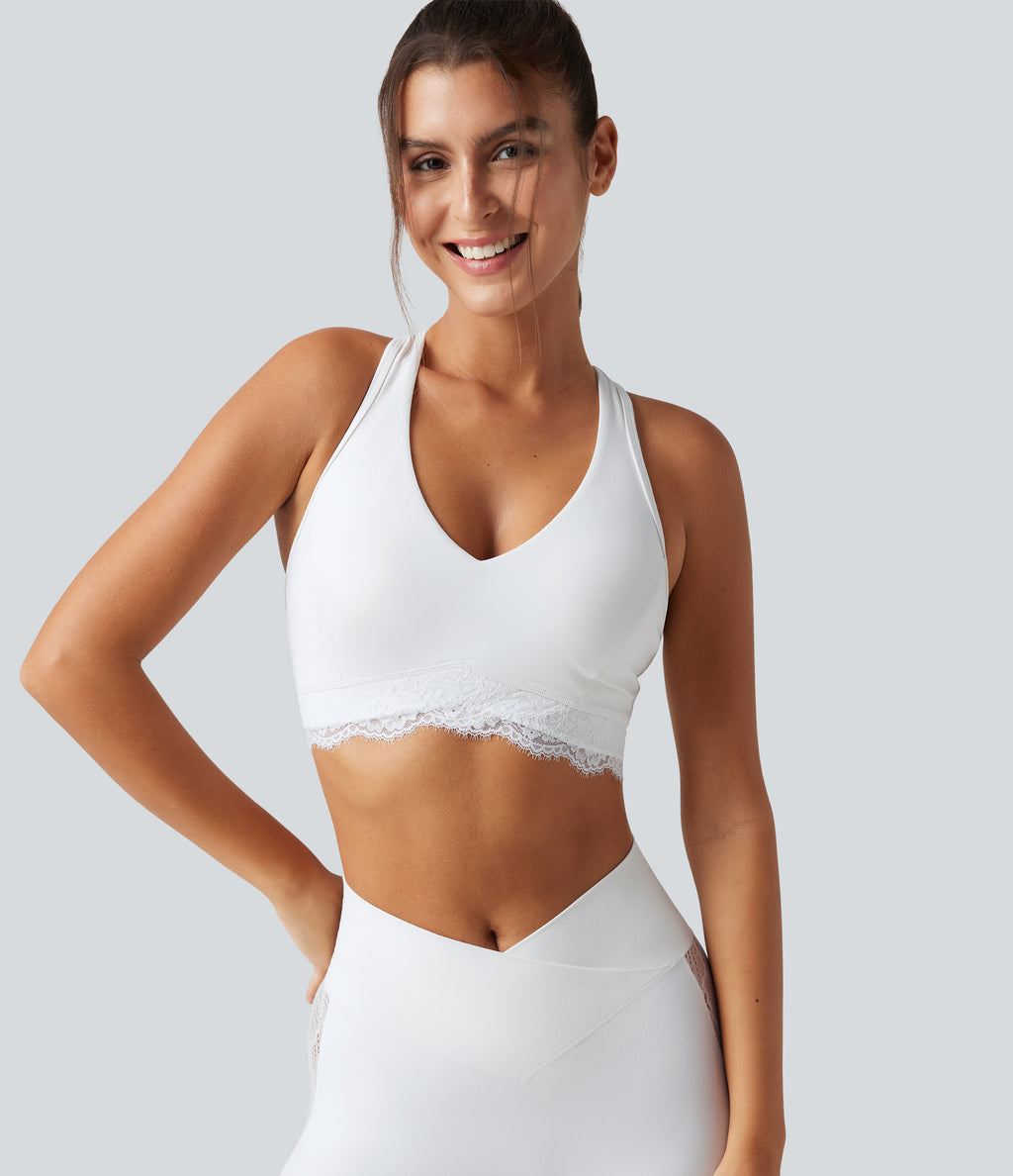 Low Support V Neck Built-in Bra Racerback Contrast Lace Workout Sports Bra — White — view 1