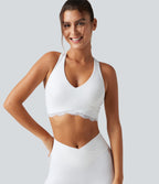 Low Support V Neck Built-in Bra Racerback Contrast Lace Workout Sports Bra — White — view 1