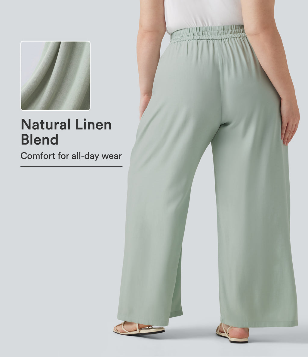 Plus Size High Waisted Drawstring Wide Leg Casual Linen-Blend Trousers with Pockets — Sea Foam — view 1