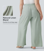 Plus Size High Waisted Drawstring Wide Leg Casual Linen-Blend Trousers with Pockets — Sea Foam — view 1
