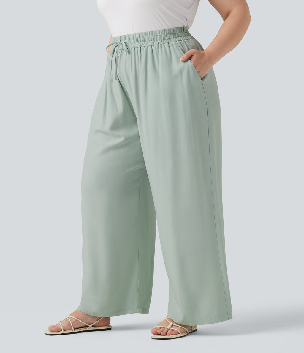 Plus Size High Waisted Drawstring Wide Leg Casual Linen-Blend Trousers with Pockets — Sea Foam — view 3
