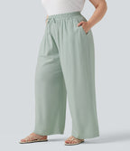 Plus Size High Waisted Drawstring Wide Leg Casual Linen-Blend Trousers with Pockets — Sea Foam — view 3