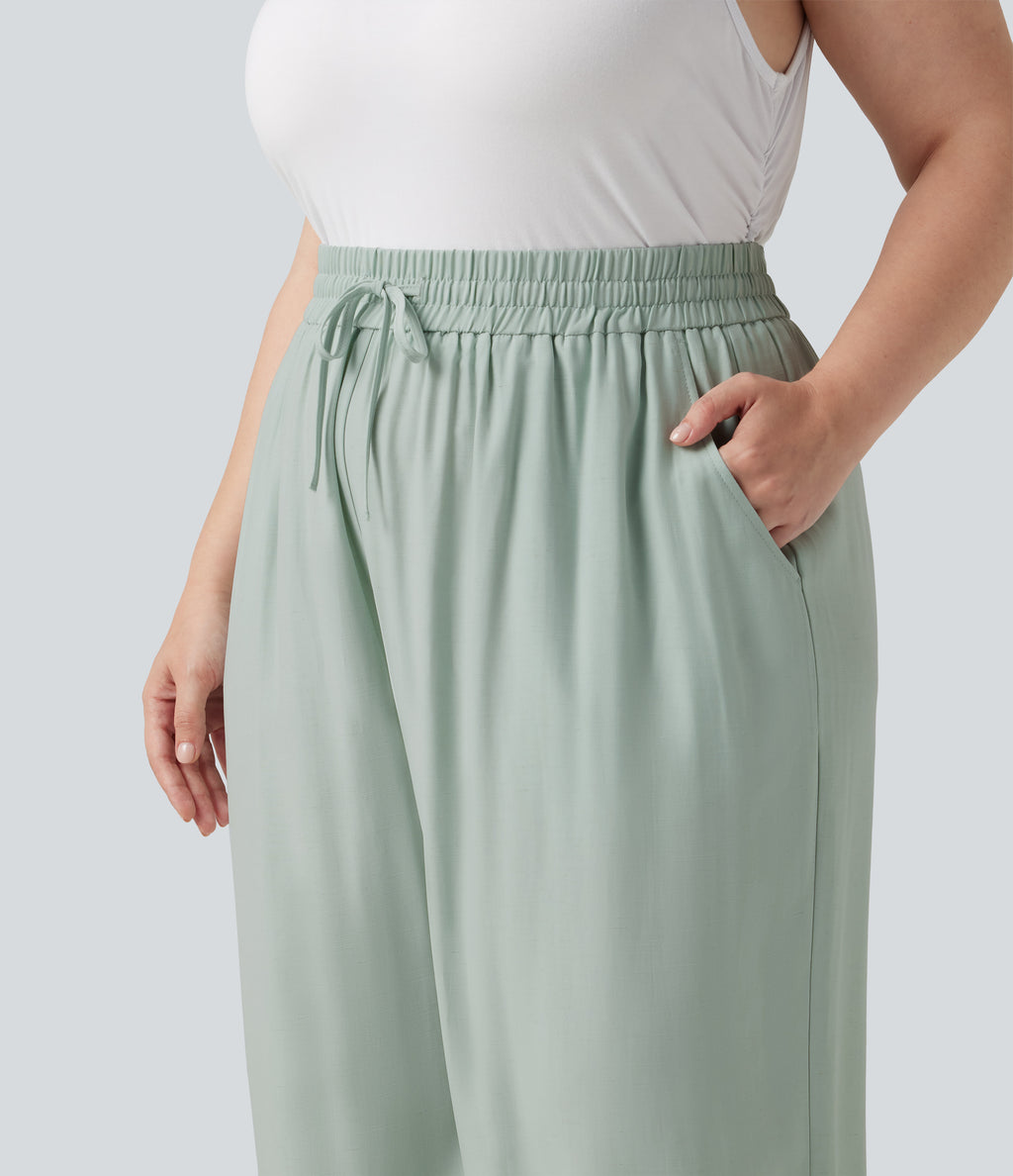 Plus Size High Waisted Drawstring Wide Leg Casual Linen-Blend Trousers with Pockets — Sea Foam — view 4