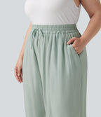 Plus Size High Waisted Drawstring Wide Leg Casual Linen-Blend Trousers with Pockets — Sea Foam — view 4