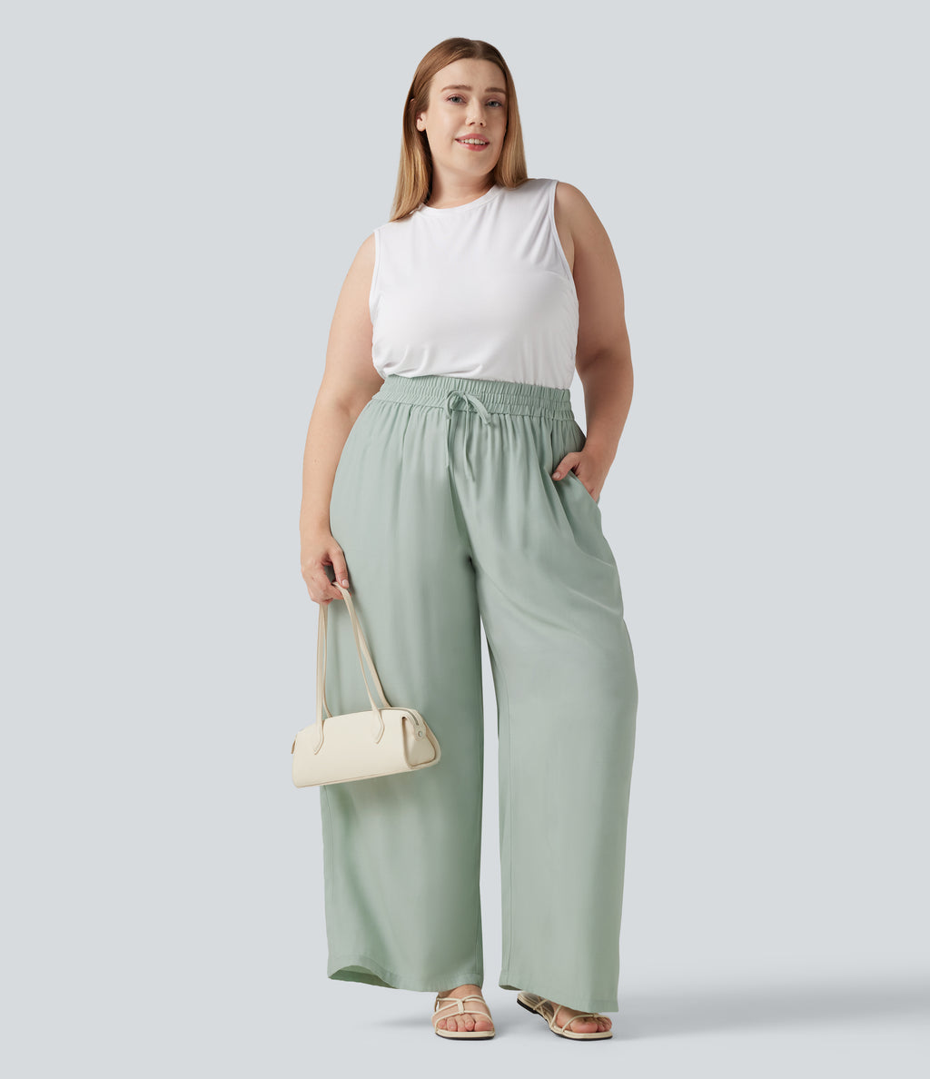 Plus Size High Waisted Drawstring Wide Leg Casual Linen-Blend Trousers with Pockets — Sea Foam — view 6