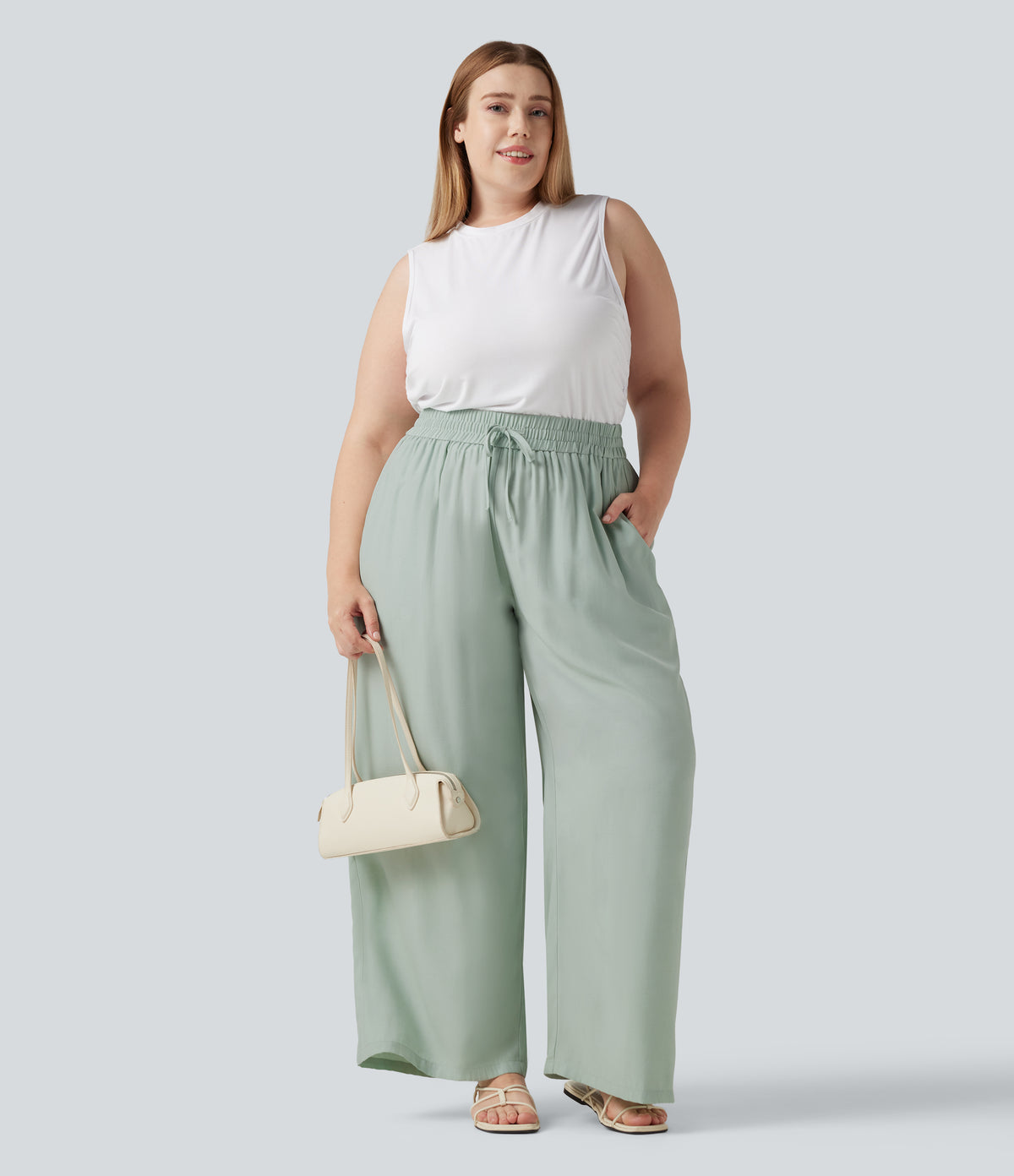 Plus Size High Waisted Drawstring Wide Leg Casual Linen-Blend Trousers with Pockets — Sea Foam — view 6