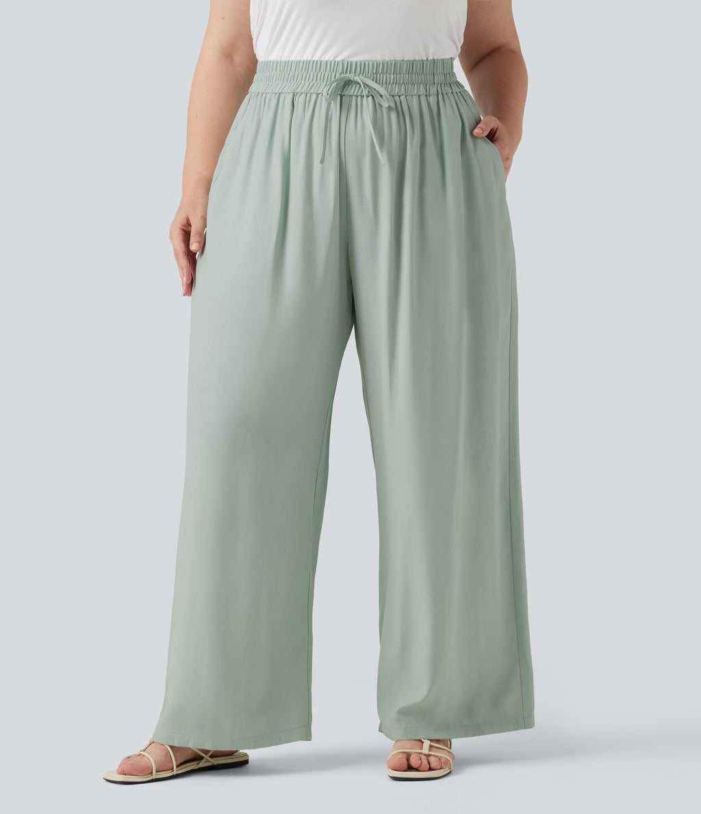 Plus Size High Waisted Drawstring Wide Leg Casual Linen-Blend Trousers with Pockets — Sea Foam — view 2