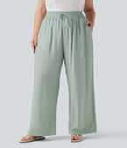 Plus Size High Waisted Drawstring Wide Leg Casual Linen-Blend Trousers with Pockets — Sea Foam — view 2
