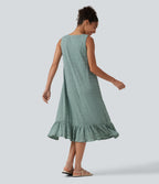 Round Neck Built-in Bra Sleeveless Ruffle Hem Midi Casual Dress — Blue Surf — view 3