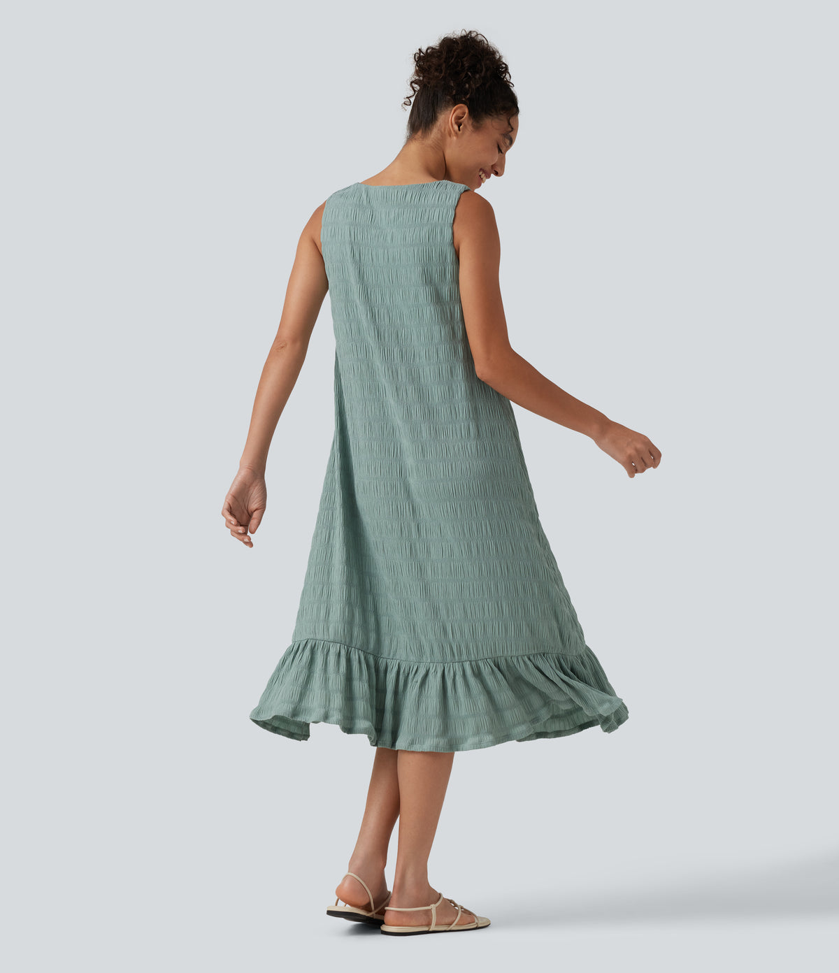 Round Neck Built-in Bra Sleeveless Ruffle Hem Midi Casual Dress — Blue Surf — view 3