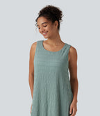 Round Neck Built-in Bra Sleeveless Ruffle Hem Midi Casual Dress — Blue Surf — view 5