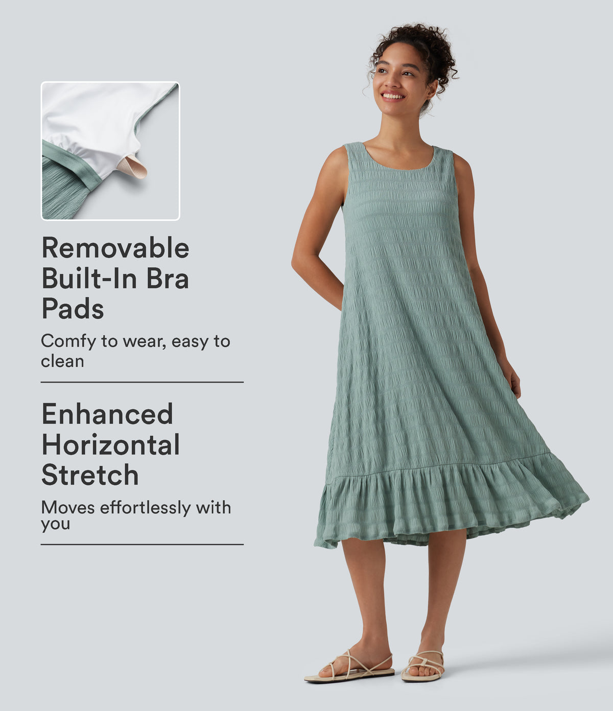 Round Neck Built-in Bra Sleeveless Ruffle Hem Midi Casual Dress — Blue Surf — view 1