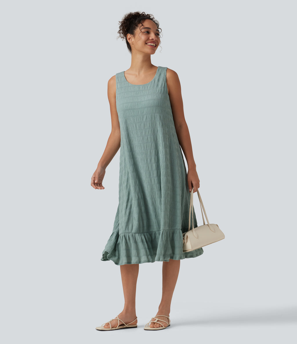 Round Neck Built-in Bra Sleeveless Ruffle Hem Midi Casual Dress — Blue Surf — view 8