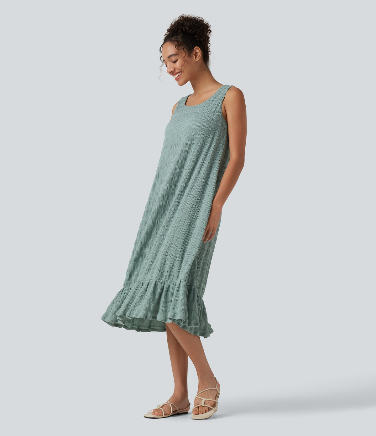 Round Neck Built-in Bra Sleeveless Ruffle Hem Midi Casual Dress — Blue Surf — view 4