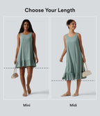 Round Neck Built-in Bra Sleeveless Ruffle Hem Midi Casual Dress — Blue Surf — view 2