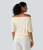 Ribbed Knit Off Shoulder Batwing Sleeve Casual Top — Eggnog — view 2