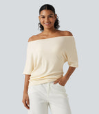 Ribbed Knit Off Shoulder Batwing Sleeve Casual Top — Eggnog — view 1