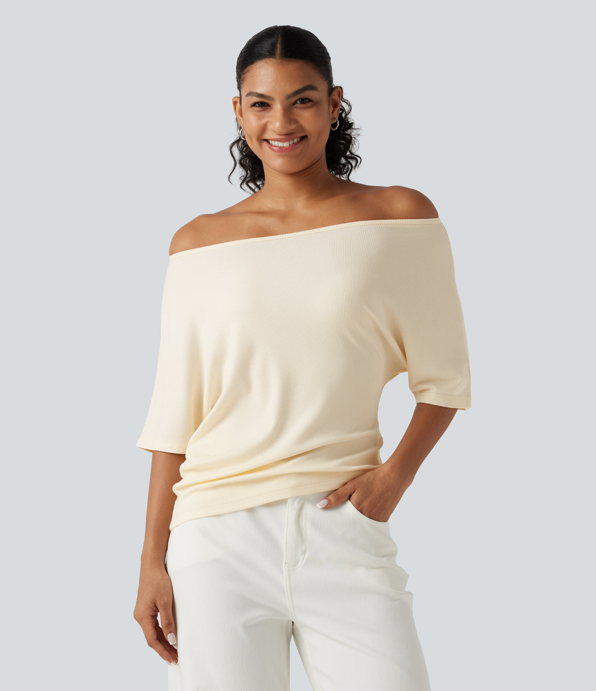 Ribbed Knit Off Shoulder Batwing Sleeve Casual Top — Eggnog — view 1