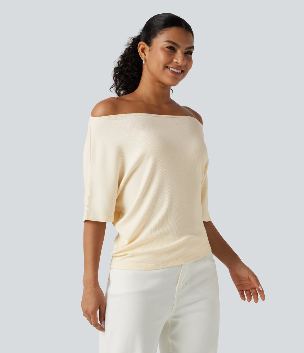 Ribbed Knit Off Shoulder Batwing Sleeve Casual Top — Eggnog — view 3