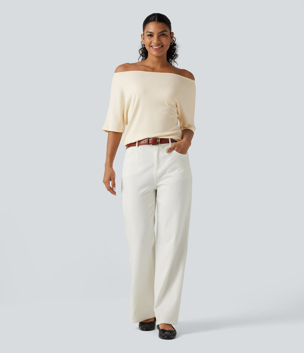 Ribbed Knit Off Shoulder Batwing Sleeve Casual Top — Eggnog — view 6