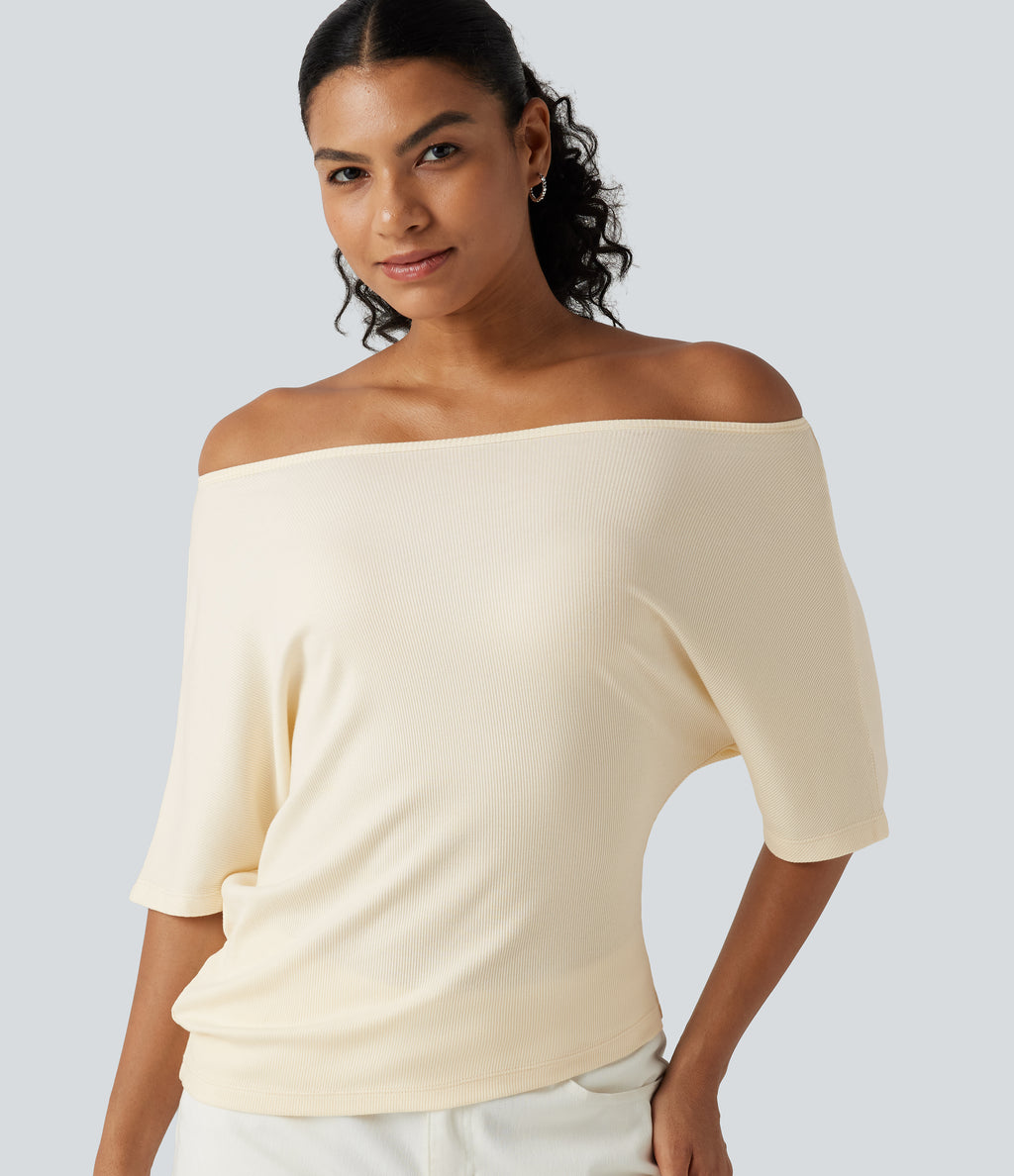 Ribbed Knit Off Shoulder Batwing Sleeve Casual Top — Eggnog — view 4