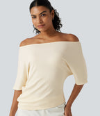 Ribbed Knit Off Shoulder Batwing Sleeve Casual Top — Eggnog — view 4
