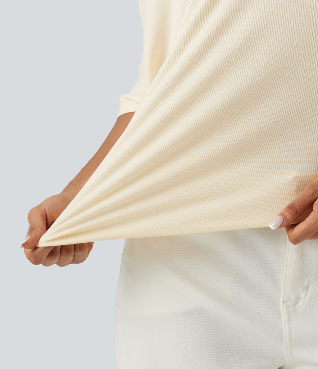 Ribbed Knit Off Shoulder Batwing Sleeve Casual Top — Eggnog — view 5